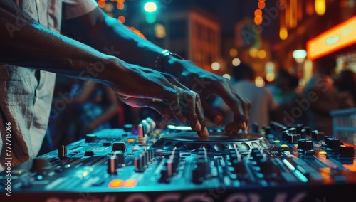 A captivating image of a DJ's hands at work, mixing tunes at a nightlife event with electric blue tones