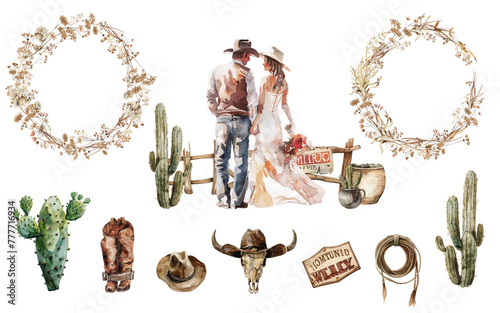 Watercolor wild west set. Beautiful western wedding with cowboy, girl, farm, cacti, wreath. Retro ranch scene in country style perfect for marry print, card design