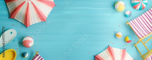 Overhead shot of playful beach scene with bright accessories scattered on a pastel blue background