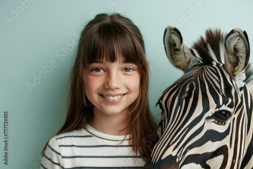 girl, zebra animal, portrait. Pastel turquoise background. Zoo advertising. Banner. To love animals. Veterinary