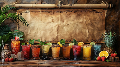 A variety of colorful cocktails displayed with fruits in unique glasses, each garnished with different types of fruits including strawberries and citrus slices. background an aged paper scroll attache