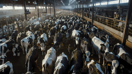 Crowd of cows in a well functioning industrial milking stand