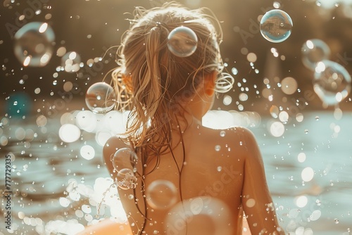 Riverside Bliss: Girl Bathing in the River with Soap Bubbles