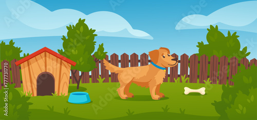 Cartoon doghouse on backyard in summer with dog character near house with trees and bushes.