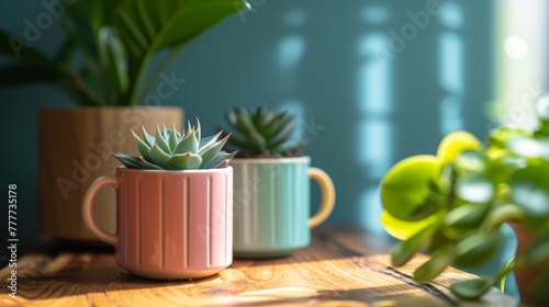 Two small pots of plants sit on a table next to each other, AI