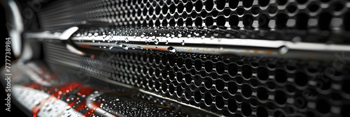 Grid of car. Radiator grille. Close-up texture, Chrome grill of big powerful engine macro