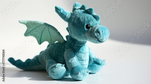 Adorable aqua dragon plushie sits on a white background, casting a shadow. The plush dinosaur toy is perfect for cuddling or playtime.
