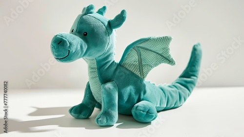 Adorable aqua dragon plushie sits on a white background, casting a shadow. The plush dinosaur toy is perfect for cuddling or playtime.