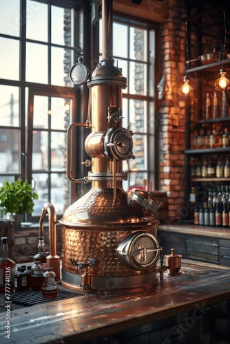 A gleaming copper distillery apparatus, exuding old-world craftsmanship, is showcased in a warm, rustic bar setting.