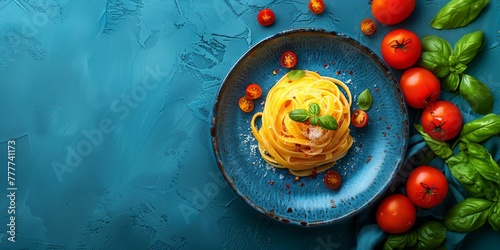 A vibrant dish of fettuccine pasta, served with fresh cherry tomatoes and basil on a blue background