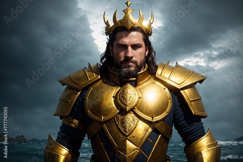 A man dressed in a golden armor standing on a rocky beach with the ocean in the background.