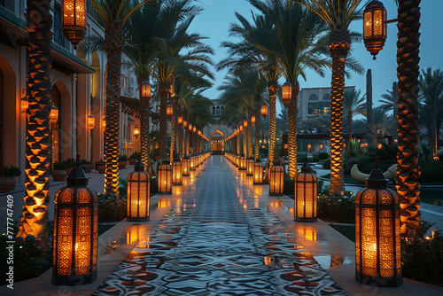 A tranquil oasis of palm trees and arabesque patterns bathed in the warm glow of Eid al Fitr lanterns, creating a serene atmosphere-5