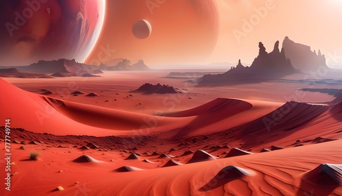 Futuristic alien landscape with red sand dunes, rocky formations, and large planets in the sky, depicting a sci-fi scene on a distant world.