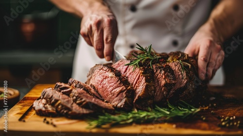 Chef in white uniform carving succulent roasted beef garnished with rosemary on wooden board