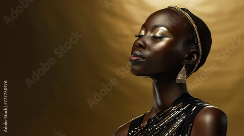 African woman in gold on black background, girl in black dress, Luxury and premium photography for advertising product design, copy space, isolated on golden background