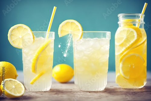 Three glasses of lemonade with ice cubes and lemons on a wooden surface.