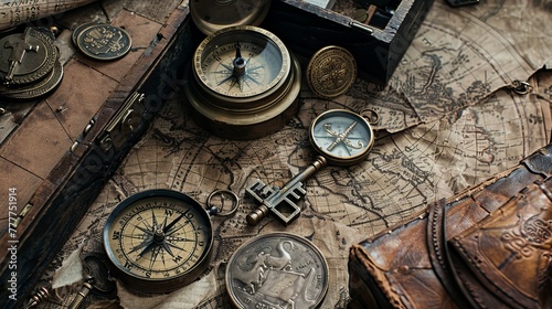 Discover a trove of unique pirate relics, including a compass, bottle opener shaped like a skeleton key, brass compass with lid, and an antique coin set upon an old-world map.