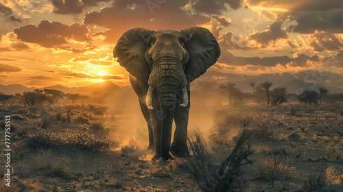 Majestic elephant at sunset in savannah