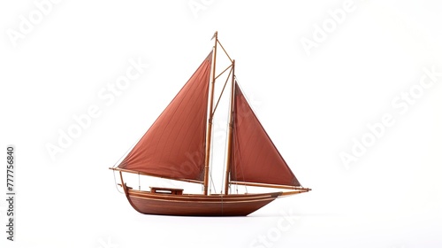 Miniature wooden sailboat isolated on white background.
