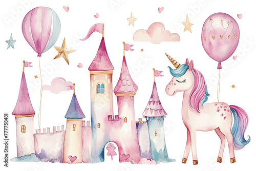 Set of cute watercolor kingdom unicorn and castle for kids book, birthday party vector illustration