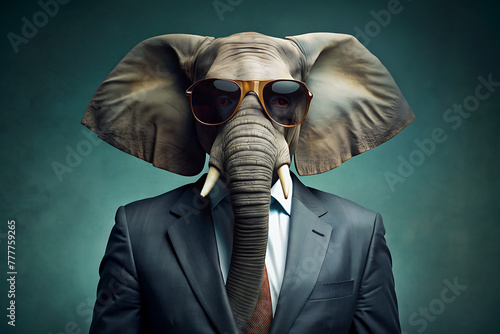 Elephant wearing sunglasses and a sharp suit with tie, stylish animal fashion