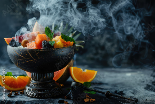 Close-up Modern fruit Hookah bowl with orange and sliced fresh fruits and mint leaves with hot coconut coals charcoal, white smoke , copy space.