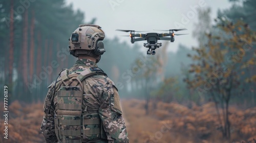 AI-Controlled Quadcopter in the Hands of a Soldier in Military Uniform