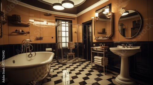 Stylish vintage-inspired bathroom, complete with a gleaming porcelain bathtub and fashionable decor.