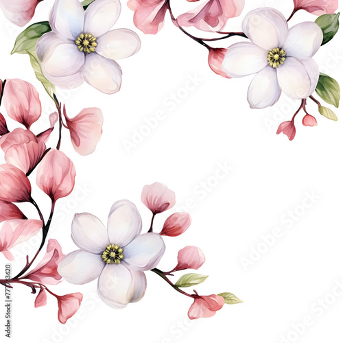 flower watercolor banner, Dogwood flower, isolated on white background, Rustic romantic style, Floral design frame, Can be used for cards, wedding invitations