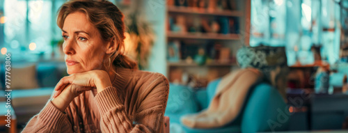 An adult sad drooping woman of 40-50 years old in a beige blouse sits on the sofa in a cozy room. Depressive and apathetic state. Discomfort and sadness. Psychological problems. Banner. Copy space
