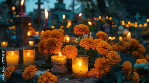 Illuminated Graves adorned with Marigold Flowers at All Saints Day Candlelight Vigil