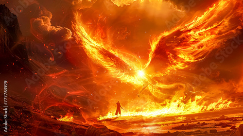 Apocalyptic firestorm scene with lone figure