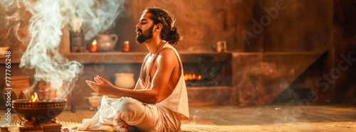 A young male yogi with hair in a bun in white clothes in the lotus position sits in front of a Tibetan bowl of incense in the meditation hall. Retreat and spiritual practice. Banner. Copy space