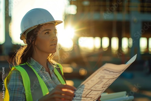 A woman in a hard hat holding up some papers.