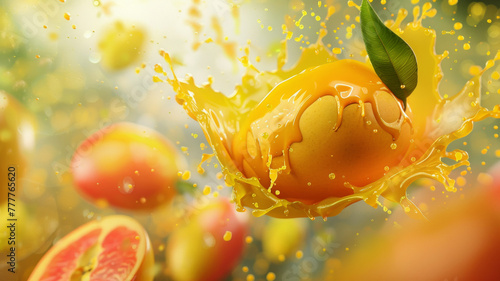 Mango Splash: Ripe Mangoes in Juicy Explosion on Yellow Background