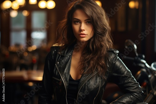 Sleek rider: a stunning, long-haired woman in a leather jacket, captivated by motorcycles.