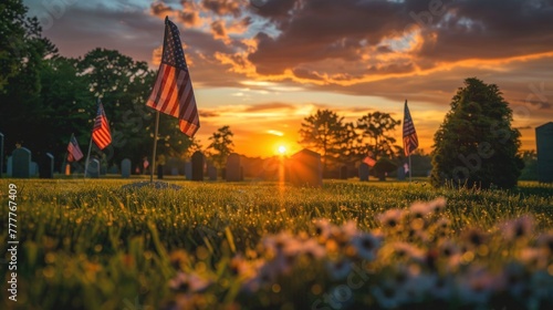 Sunset Memorial: American Flags on Veterans' Graves at National Cemetery - Generative AI Captured Tribute for Memorial Day
