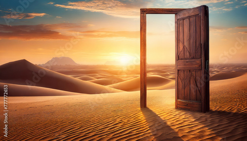 Open door in desert landscape during sunrise symbolizes endless possibilities. The freestanding doorway amidst sand dunes creates a surreal and thought-provoking vista.