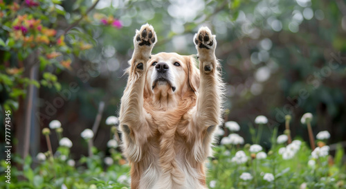 Golden retriever standing with its paws up in the air, summer park green background