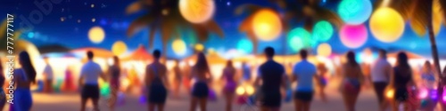 Abstract midsummer colorful illustration of beach party, bokeh blurred background for social media banner, website and for your design, space for text 