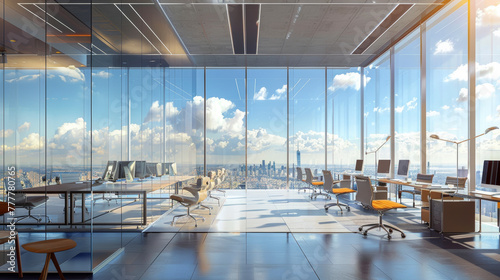 A large open office space with a view of the city. The room is filled with desks, chairs, and computer monitors. The atmosphere is professional and modern