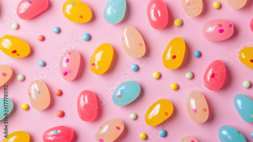 pastel colored jelly bean candies with small sugar decorations on a pink background