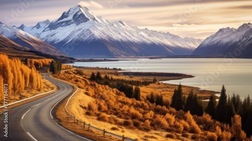 Scenic winding road along Lake Pukaki to Mount Cook National Park, South Island, New Zealand during cold and windy winter morning.