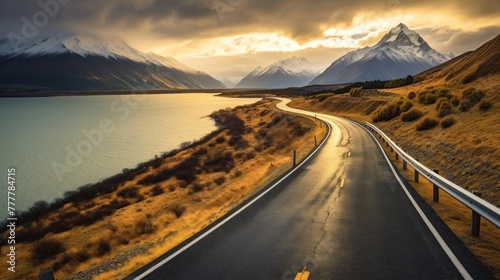 Scenic winding road along Lake Pukaki to Mount Cook National Park, South Island, New Zealand during cold and windy winter morning.