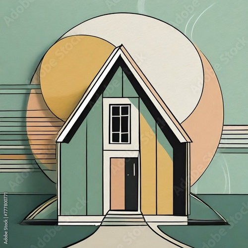 illustration of a house in a background.a minimalist illustration of a house outlined with clean, separate lines, placed against a backdrop of rounded, muted colors on the wall. The composition evokes