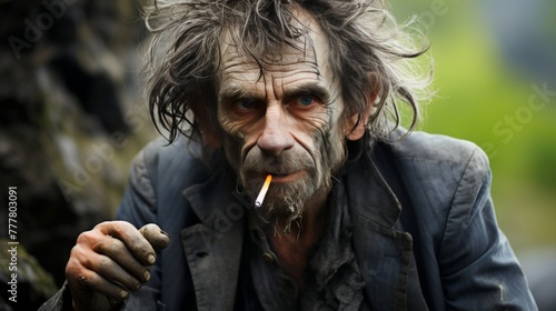 A man with long, unkempt hair and a beard smokes a cigarette on a city street. He is wearing a dirty and tattered coat and has a haunted look in his eyes.
