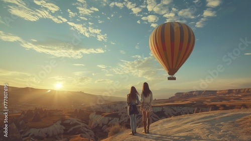 A hot air balloon drifts gracefully over the stunning landscape of Cappadocia, while girls watch the spectacle from a hilltop.