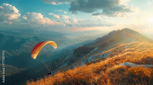 A paraglider is seen preparing to take off from a mountain peak.