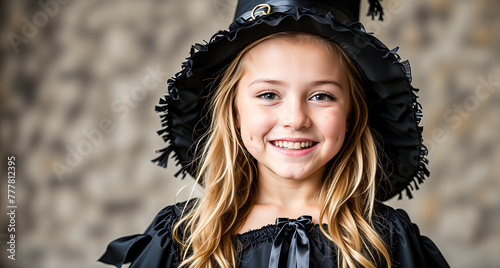A young girl wearing a black dress and a black hat with a white feather on it.