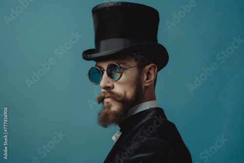 Gentleman with a monocle and top hat, the dapper dandy on bright background